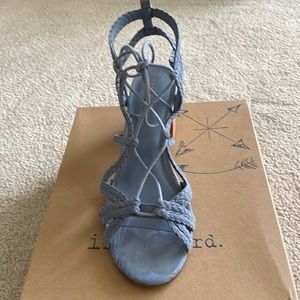 INDIGO SANDALS …light blue fabric/strappy…tie at ankles….block heel
